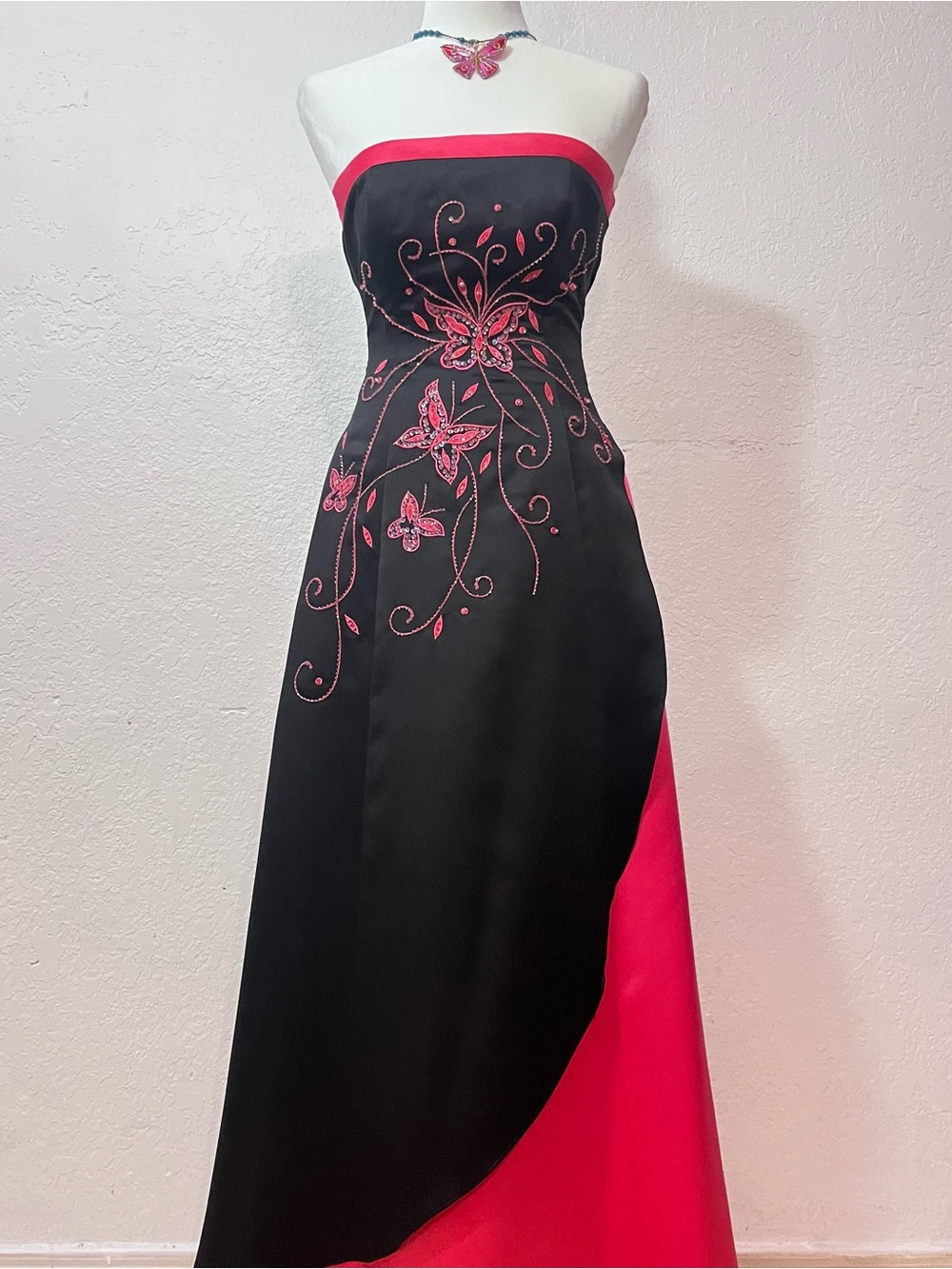 Morgan & Co. Strapless Black and Hot Pink Embroidered Maxi Dress